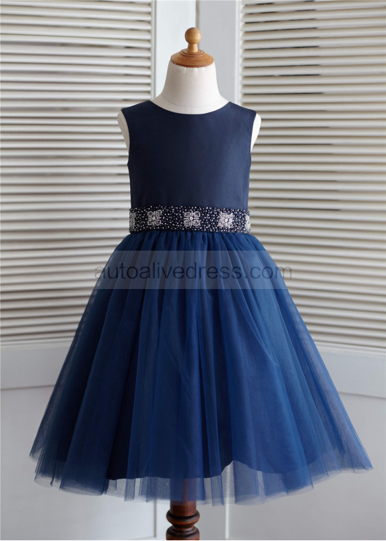 Navy Blue Satin Tulle Beaded Sash Knee Length Flower Girl Dress 